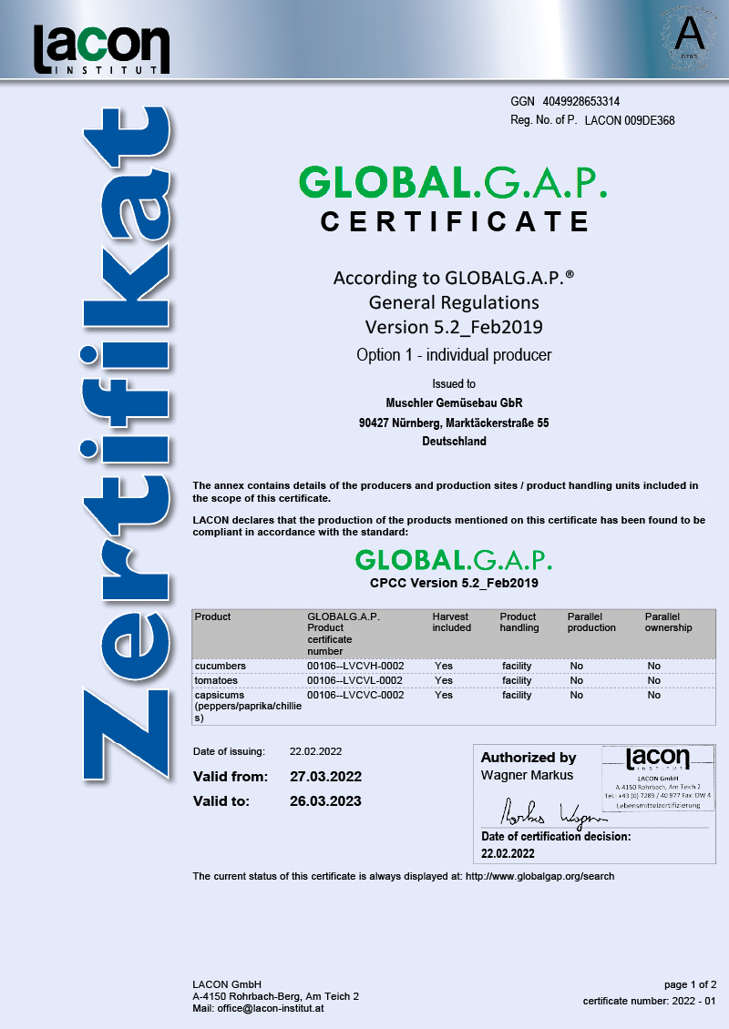 Zertifikat 2022 „GLOBALG.A.P.