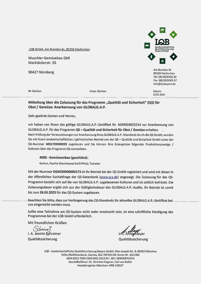 Zertifikat 2022 QS Muschler Gemüsebau GbR