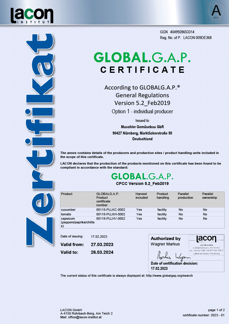 Zertifikat 2023 „GLOBALG.A.P.